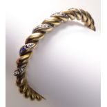 Twisted bangle - Gold set with sapphire and rose cut diamond 18k gold, Weight: 28,3 grs -
