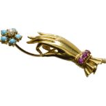 Hand-shaped brooch - Set with turquoise and ruby 18k gold, Weight: 8,8 grs -