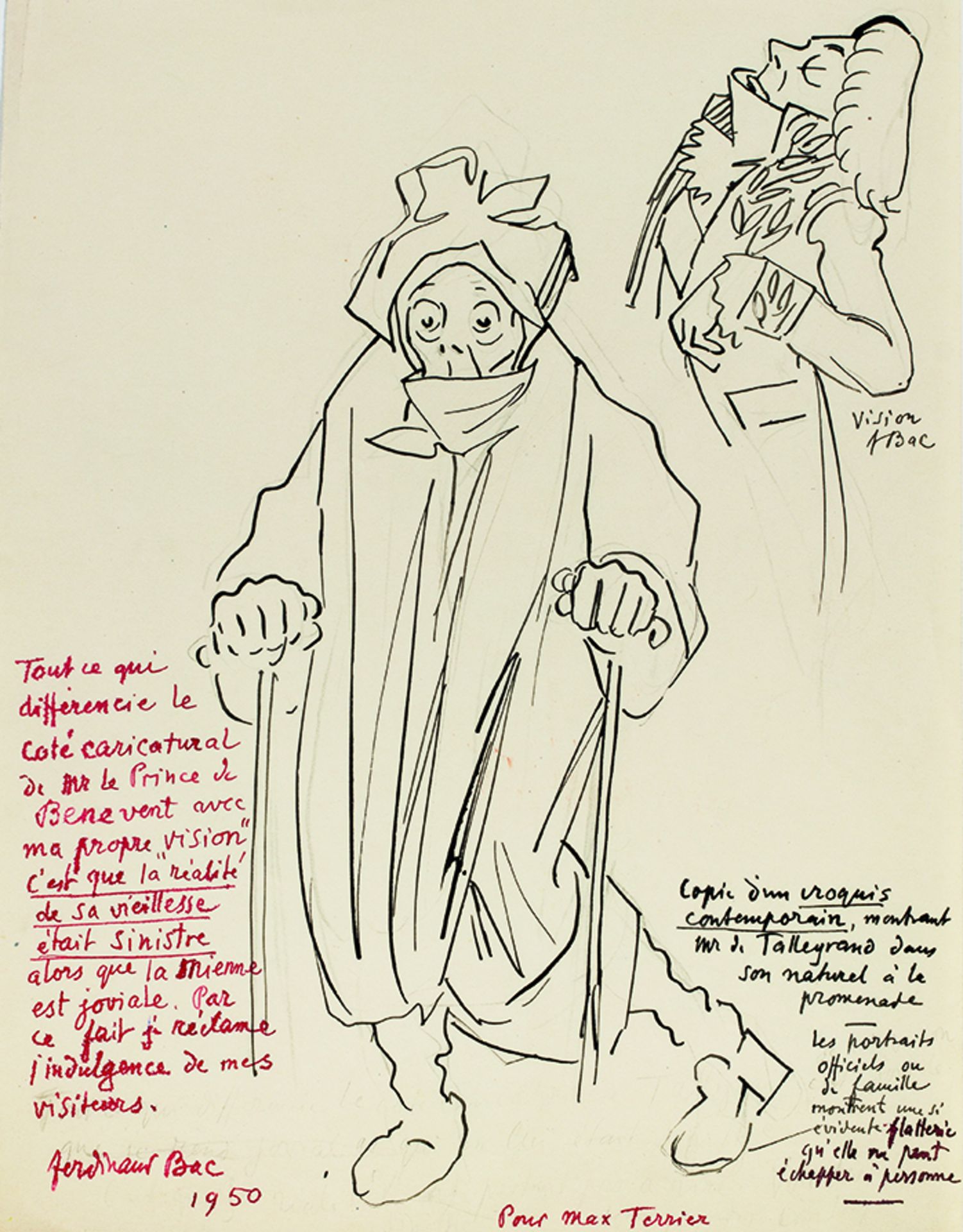 [Talleyrand]. Ferdinand BAC - Signed drawing with signed autograph note. 1950. [...] - Image 6 of 6