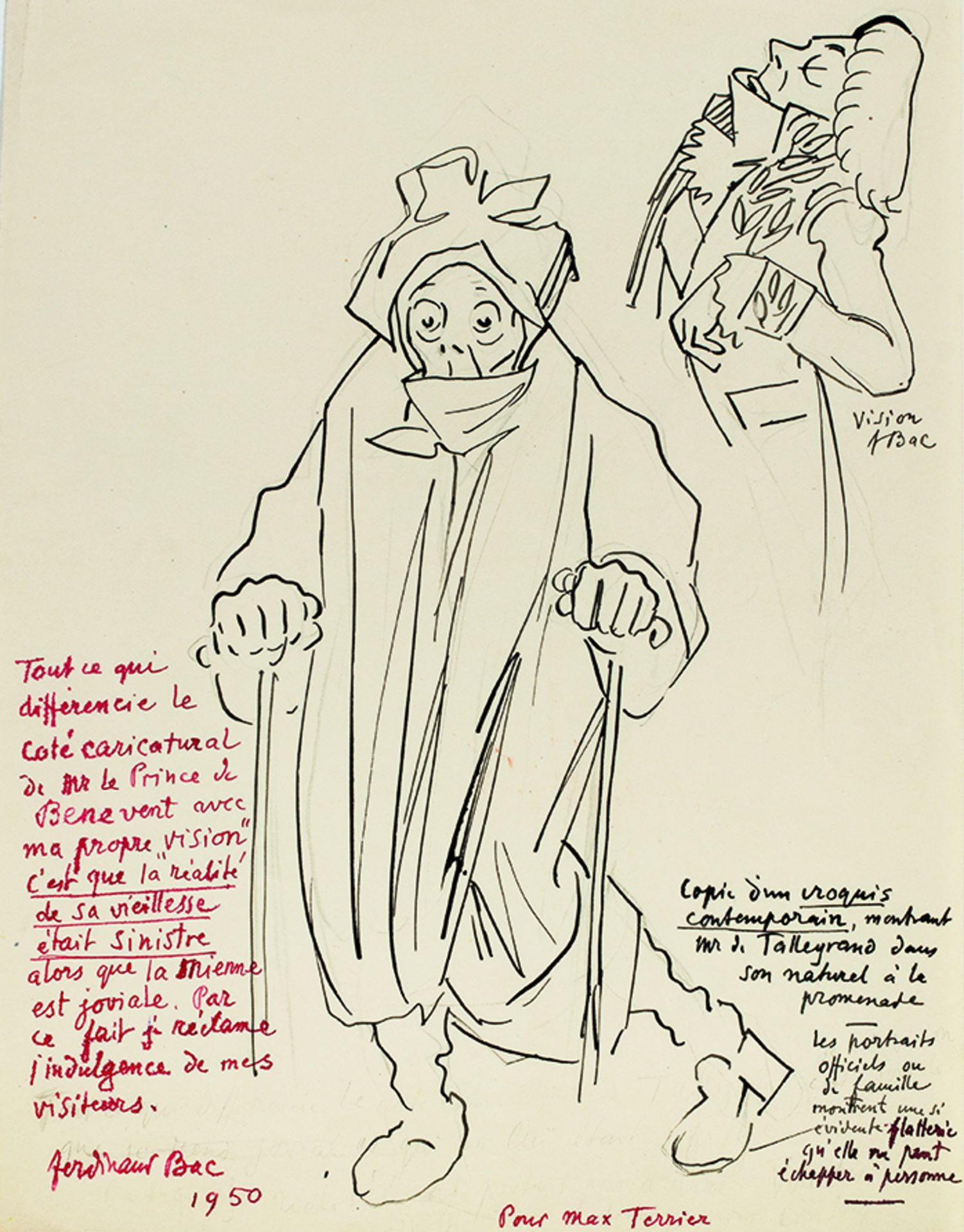 [Talleyrand]. Ferdinand BAC - Signed drawing with signed autograph note. 1950. [...] - Image 4 of 6