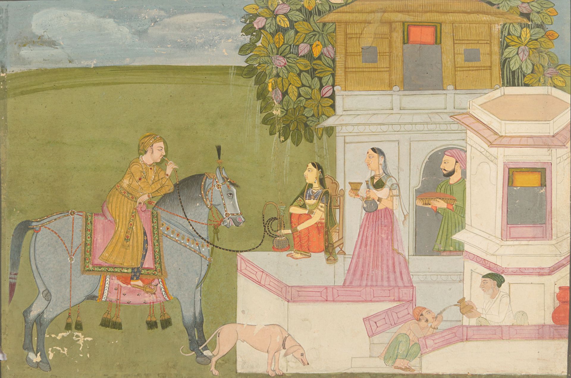 A painting of a equestrian prince resting at a house, Pahari School, mid - late 19th century AD