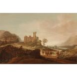 "A mountainous landscape with travellers in a lane, with a castle and village on the horizon"