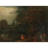 "Landscape with peasants near a forest, a manor with a pond at the horizon"