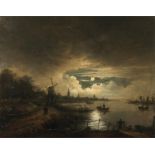 "Landscape by night beneath a heavily clouded sky and full moon. On the right, a river scene with fi