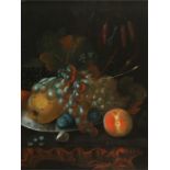 "Still-life of grapes, plums, a peach and a pomegranate on a plate on a table with ants and butterfl