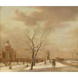 "A view of the Muiderpoort, Amsterdam, in winter, with skaters on the frozen Singelgracht and a hors