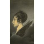 "Portrait in profile of a woman, possibly a memorial piece, oval"