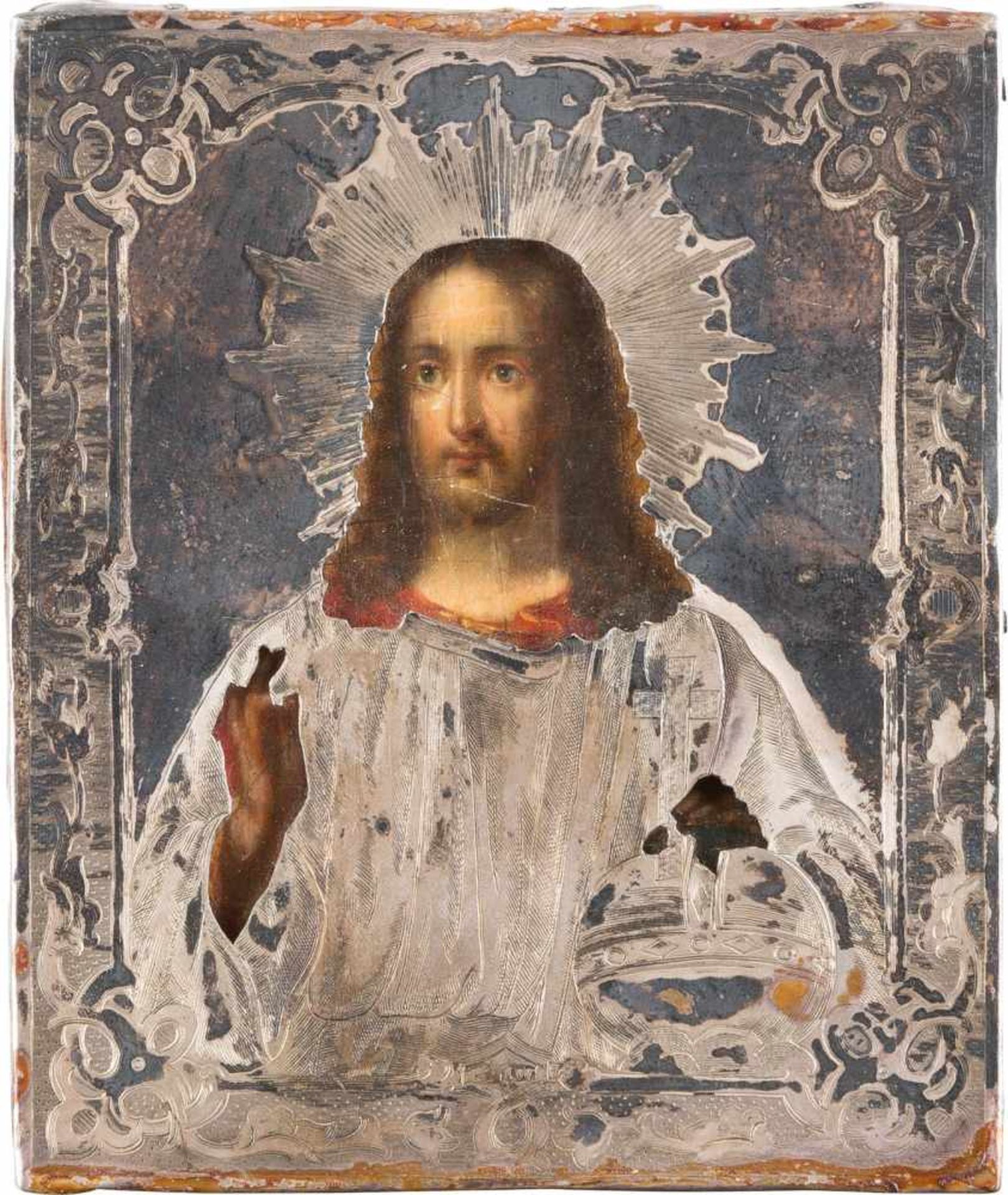 KLEINE IKONE MIT CHRISTUS PANTOKRATOR MIT SILBER-OKLAD Russland, um 1875 (Ikone), Russland,