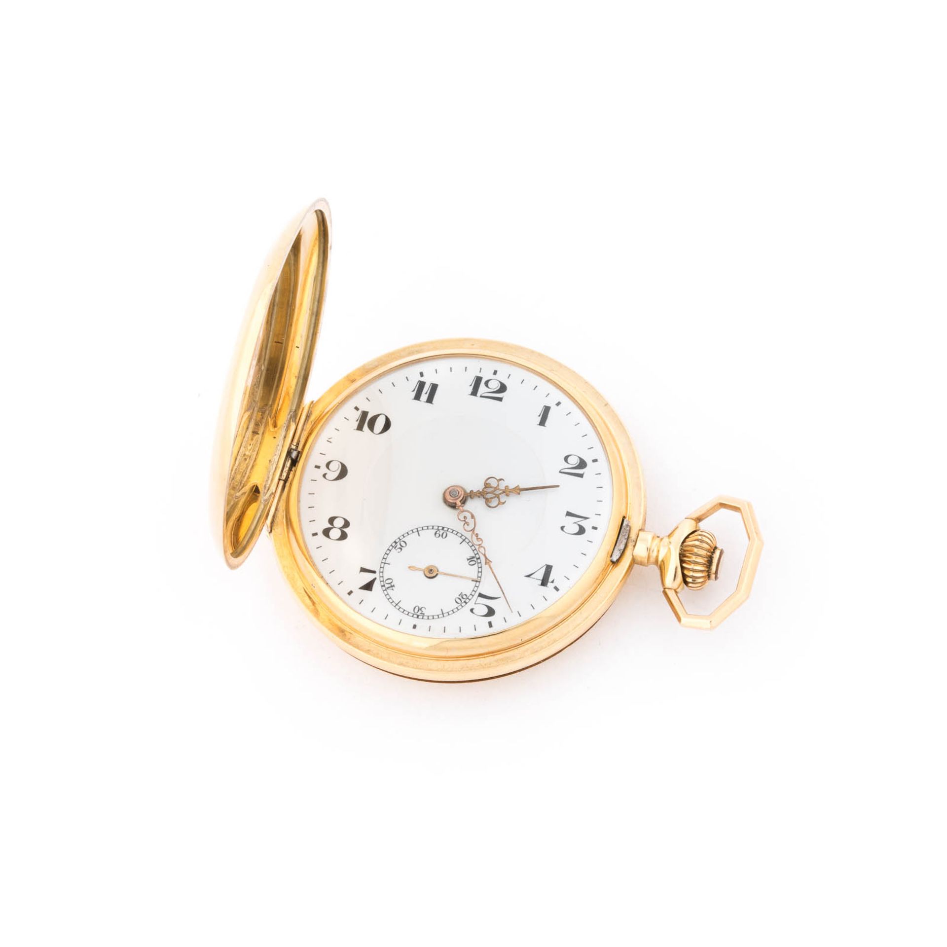 TASCHENUHR Schweiz, um 1900 Gelbgold. D. 5 cm, Ges.-Gew. ca. 79,5 g. Zwei Deckel gest. 14 K,