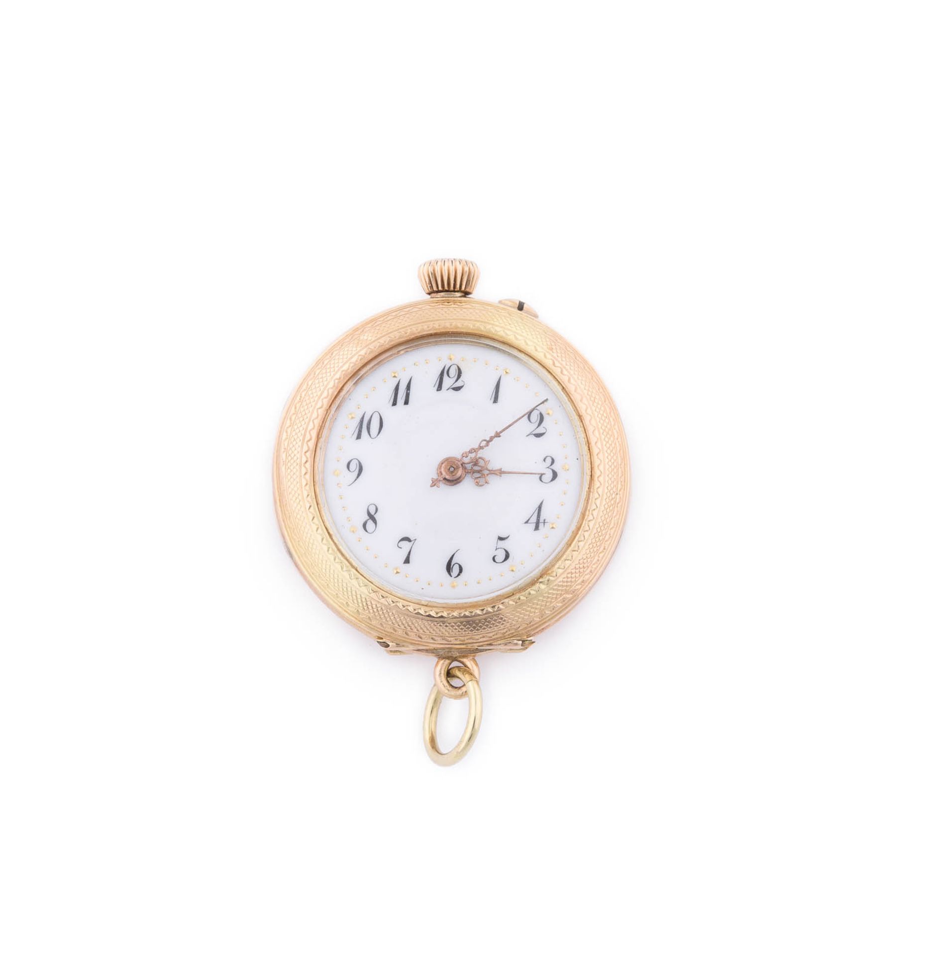 DAMENTASCHENUHR MIT ZWEI KETTEN UND KETTENSCHIEBER Um 1900 Roségold. D. Uhr 2,8 cm.