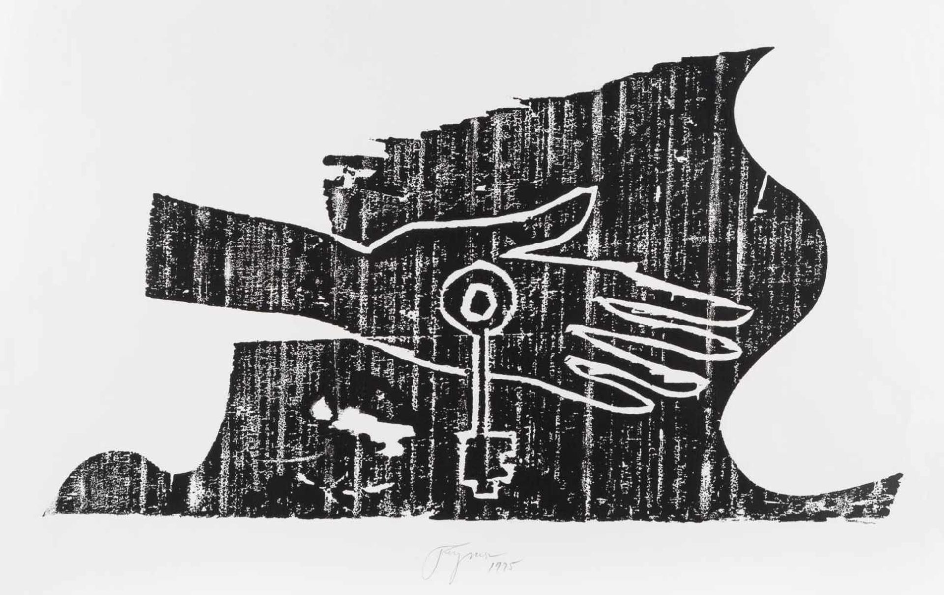 FELIX DROESE 1950 Singen HAND UND SCHLÜSSEL Holzschnitt auf Papier. BM 45 x 68,5 cm. Unten Mitte