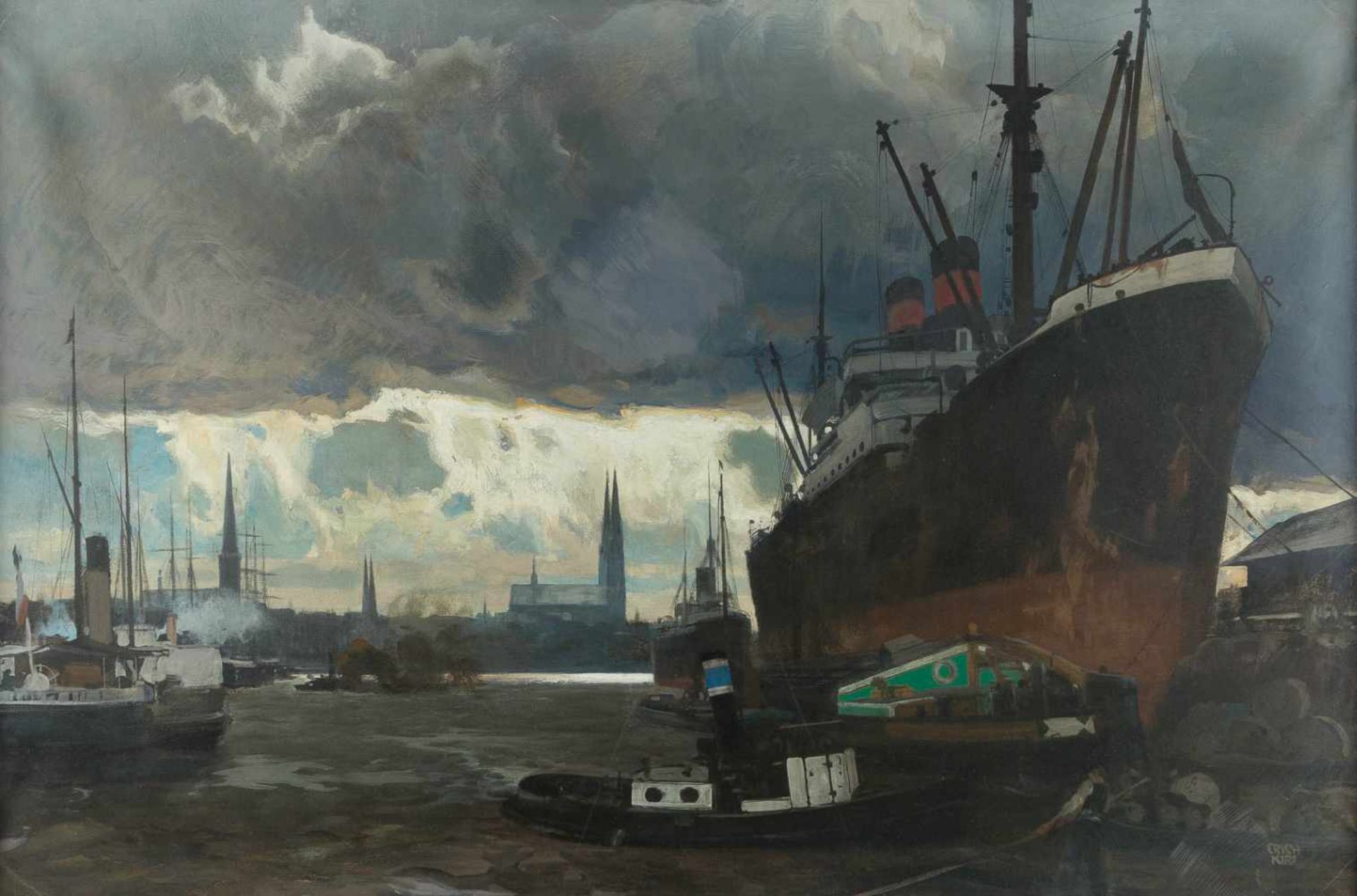 ERICH KIPS 1869 Berlin - 1945 ebenda Schiffe im Lübecker Hafen Mischtechnik auf Papier auf Leinwand.