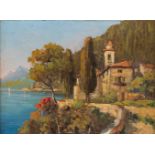 L. ROSSI Tätig 1. Hälfte 20. Jh. Lago di Lugano Öl auf Holz. 29,5 x 40 cm (R. 48 x 58 cm).