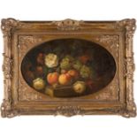VAN OS Tätig 1. Hälfte 19. Jh. Stillleben mit Pfirsichen und Rosen Öl auf Holz. 33 x 51 cm (oval) (