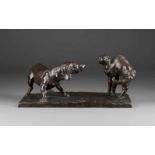 EMIL WÜNSCHE 1864 Greiffenberg - 1938 Rottach Dackel mit Katze Bronze, braun patiniert. H. 19 cm, L.