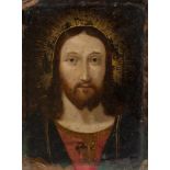 DEUTSCHER MEISTER Tätig um 1600 CHRISTUS Mischtechnik auf Kupferplatte. 22,5 cm x 17 cm. Besch.,