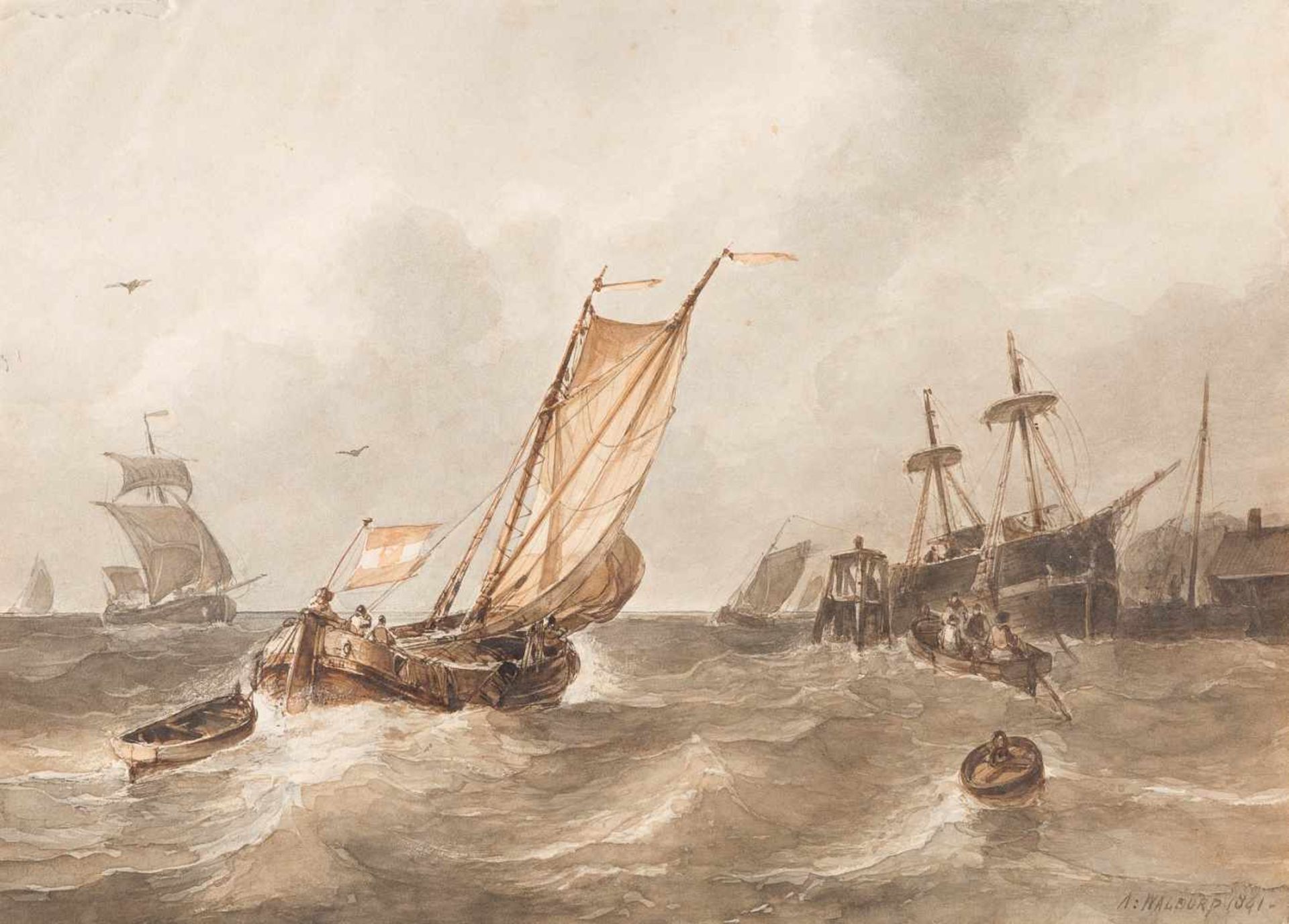 ANTHONIE WALDORP 1803 Den Haag - 1866 Amsterdam SEGELBOOTE AUF BEWEGTER SEE Aquarell, partiell