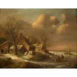 CORNELIUS PIETER 'T HOEN 1814 Amsterdam - 1880 Brüssel Winterliche Siedlung am See Öl auf Holz. 25 x