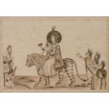 DARSTELLUNG MIT GOTTHEIT AUF TIGER REITEND Indien, um 1900 Zeichnung. Ges.-Maße: 19,6 cm x 24 cm,