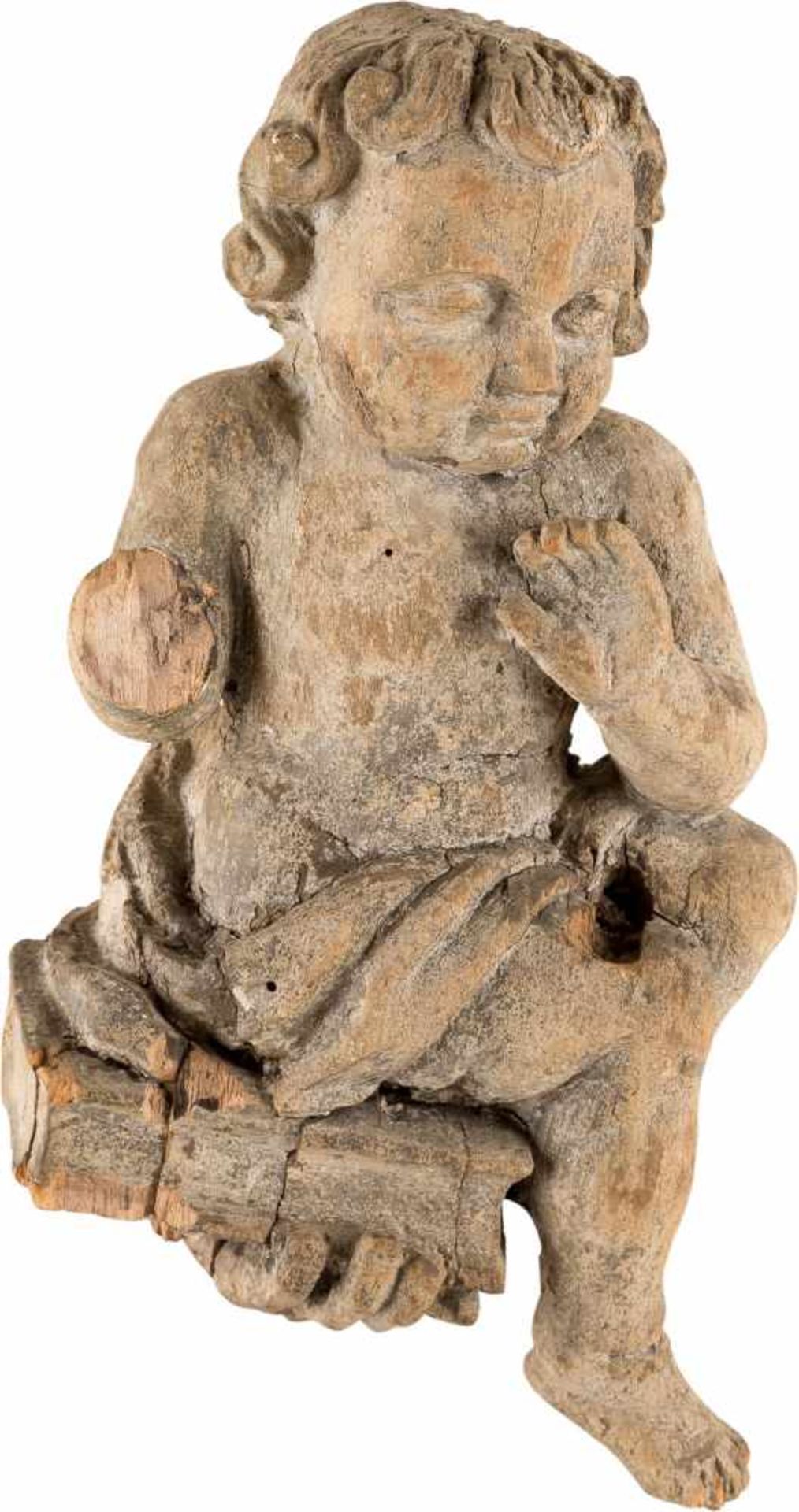 FRAGMENT EINER SKULPTUR: SEGNENDES CHRISTUSKIND Wohl deutsch, um 1600. Holz, geschnitzt, mit