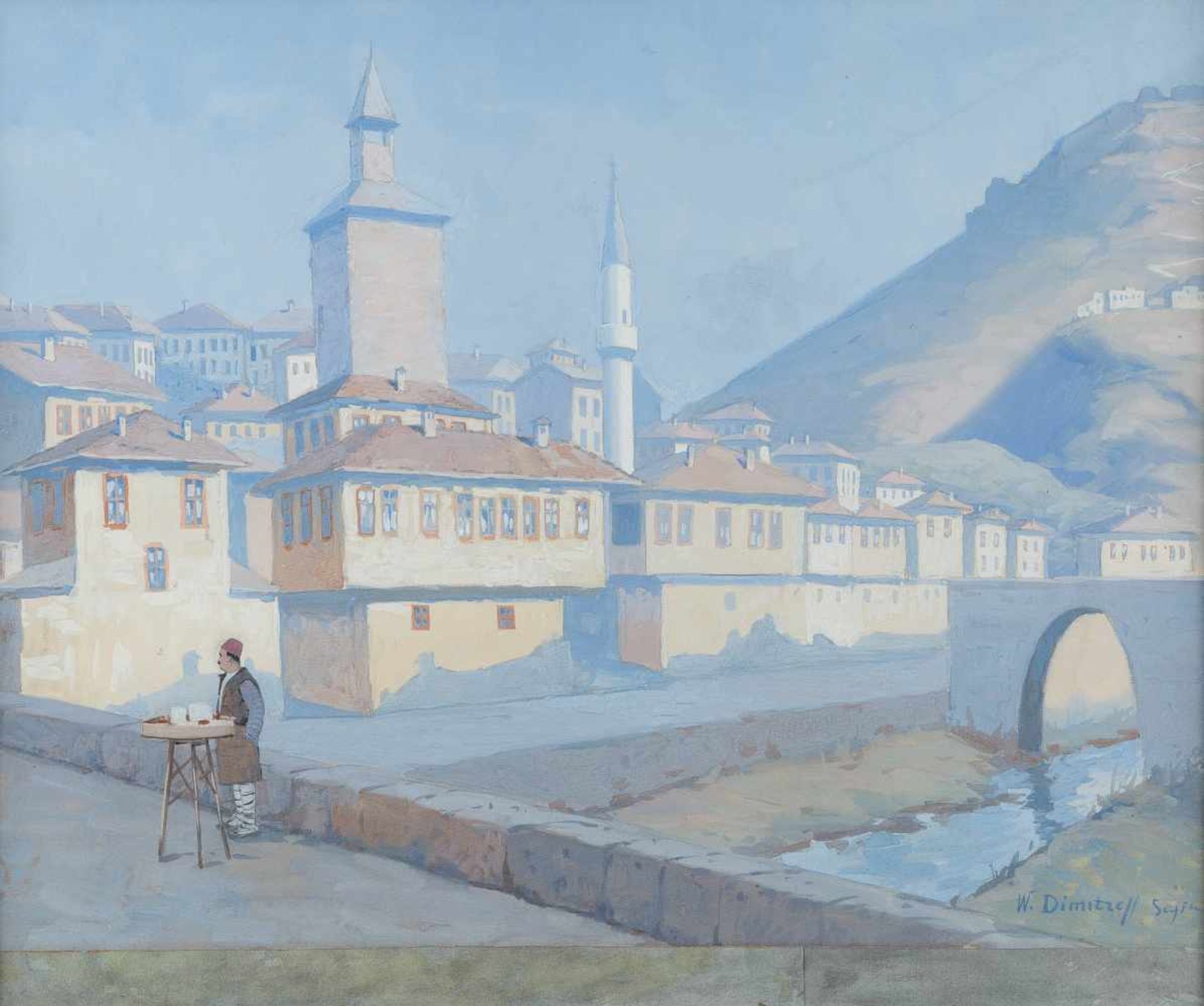 W. DIMITROFF Tätig Mitte 20. Jh. STADTANSICHT MIT GETRÄNKEVERKÄUFER AUF EINER BRÜCKE Gouache auf