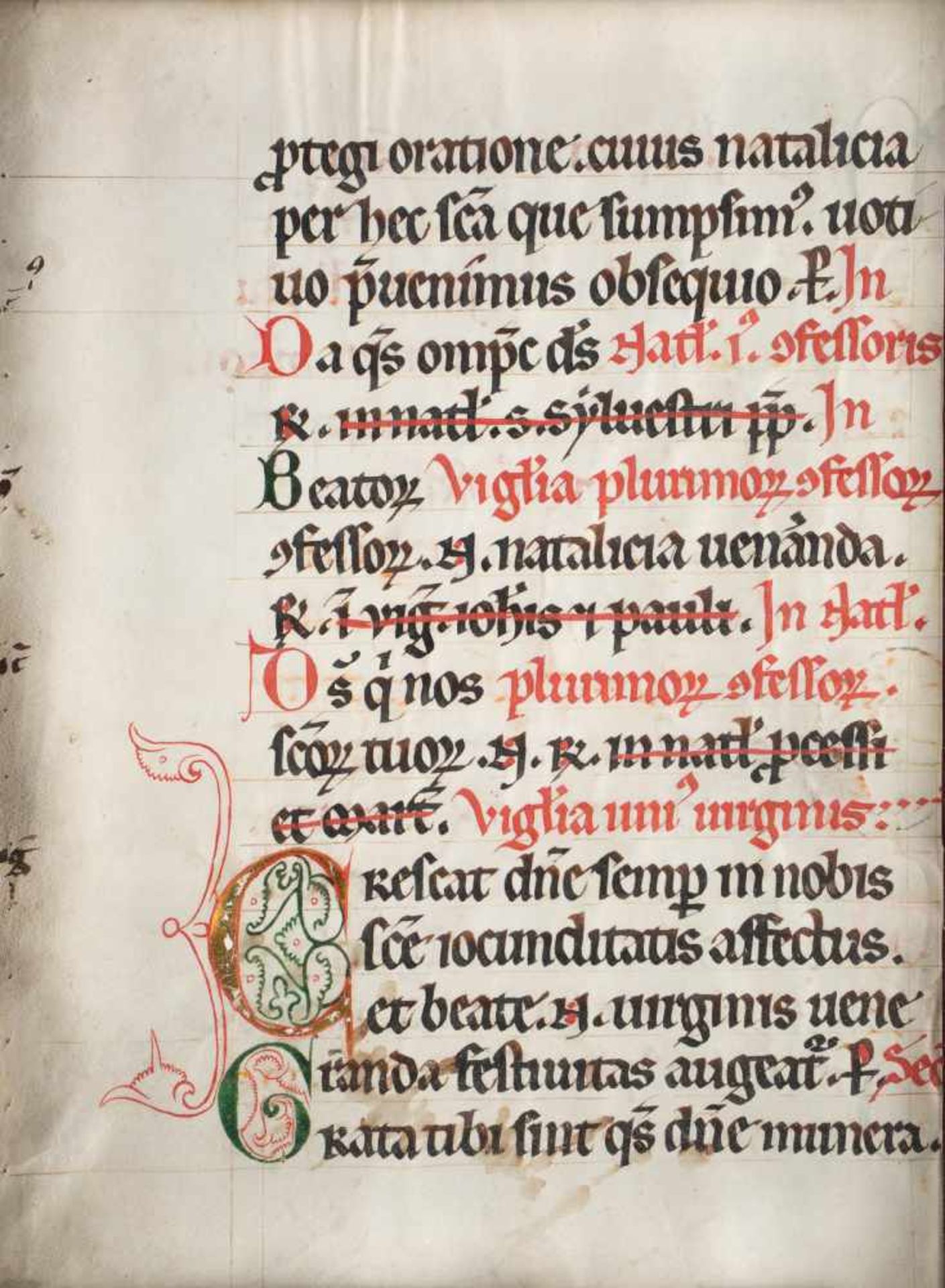 MESSBLATT MIT BLATTGOLD-INITIALE 'C' Um 1600 Texteinzelseite mit lateinischer Schrift in Rot und