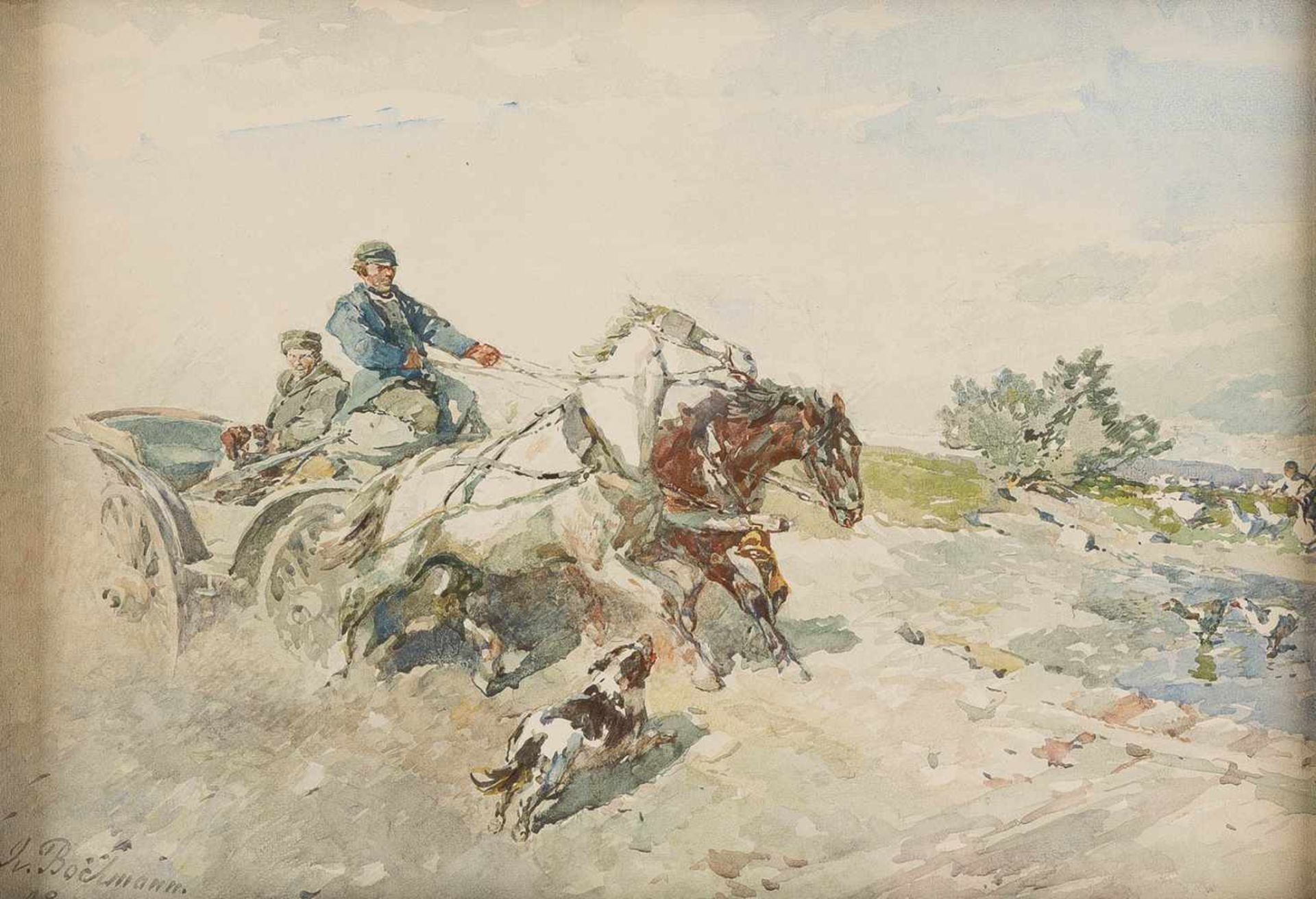 GREGOR VON BOCHMANN 1850 Gut Nesat - 1930 Hösel PFERDEGESPANN AUF EINEM FELDWEG Aquarell auf Papier.