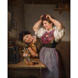 CARL HETZ 1828 Kulmbach - 1899 München Zwei junge Frauen bei der Anprobe Öl auf Holz. 36,5 x 28,5 cm