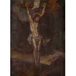 DEUTSCHER MEISTER Tätig um 1700 KREUZIGUNG CHRISTI Öl auf Eichenholz. 52 cm x 38 cm (R. 61 cm 46,5