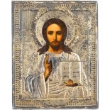 KLEINE IKONE MIT CHRISTUS PANTOKRATOR MIT SILBER-OKLAD Russland, um 1900 (Ikone), Russland,