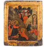 BYZANTINISCHE IKONE MIT DER ERWECKUNG DES LAZARUS Mazedonien, 14. Jh. Einzeltafel. Kowtscheg,