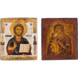 ZWEI IKONEN: CHRISTUS PANTOKRATOR UND DREIHÄNDIGE GOTTESMUTTER (TRICHEIROUSA) Russland, 19. Jh.