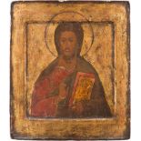 IKONE MIT CHRISTUS PANTOKRATOR Russland, 17. Jh. Einzeltafe mit zwei Rückseiten-Sponki. Doppeltes