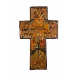 SEHR FEINES KREUZ MIT DER KREUZIGUNG CHRISTI Russland, Stroganow-Schule, 17. Jh. Holztafel,