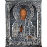 KLEINE IKONE MIT CHRISTUS PANTOKRATOR MIT SILBER-OKLAD Russland, 19. Jh. (Ikone), Russland, St.