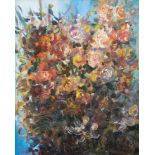 SERGEJ GOLJANDIN 1951 Astrachan 'BLUMEN UND ENGEL' Öl auf Leinwand. 60 cm x 50 cm. Rahmen. Verso