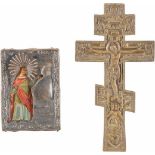 MINIATUR-IKONE MIT DER HEILIGEN BARBARA MIT SILBER-OKLAD UND BRONZEKREUZ Russland, St. Petersburg,