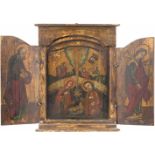 TRIPTYCHON MIT DER GEBURT CHRISTI 2. Hälfte 20. Jh. Ölmalerei auf Holz, partielle Vergoldung. 30,1 x
