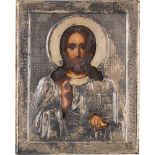 KLEINE IKONE MIT CHRISTUS PANTOKRATOR MIT SILBER-OKLAD Russland, Anfang 20. Jh. (Ikone), Russland,