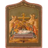 MINIATURIKONE MIT DER GRABLEGUNG CHRISTI Russland, 19. Jh. Holztafel, Kowtscheg, Eitempera auf