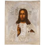 KLEINE IKONE MIT CHRISTUS PANTOKRATOR MIT SILBER-OKLAD Russland, um 1870 (Ikone), Russland,