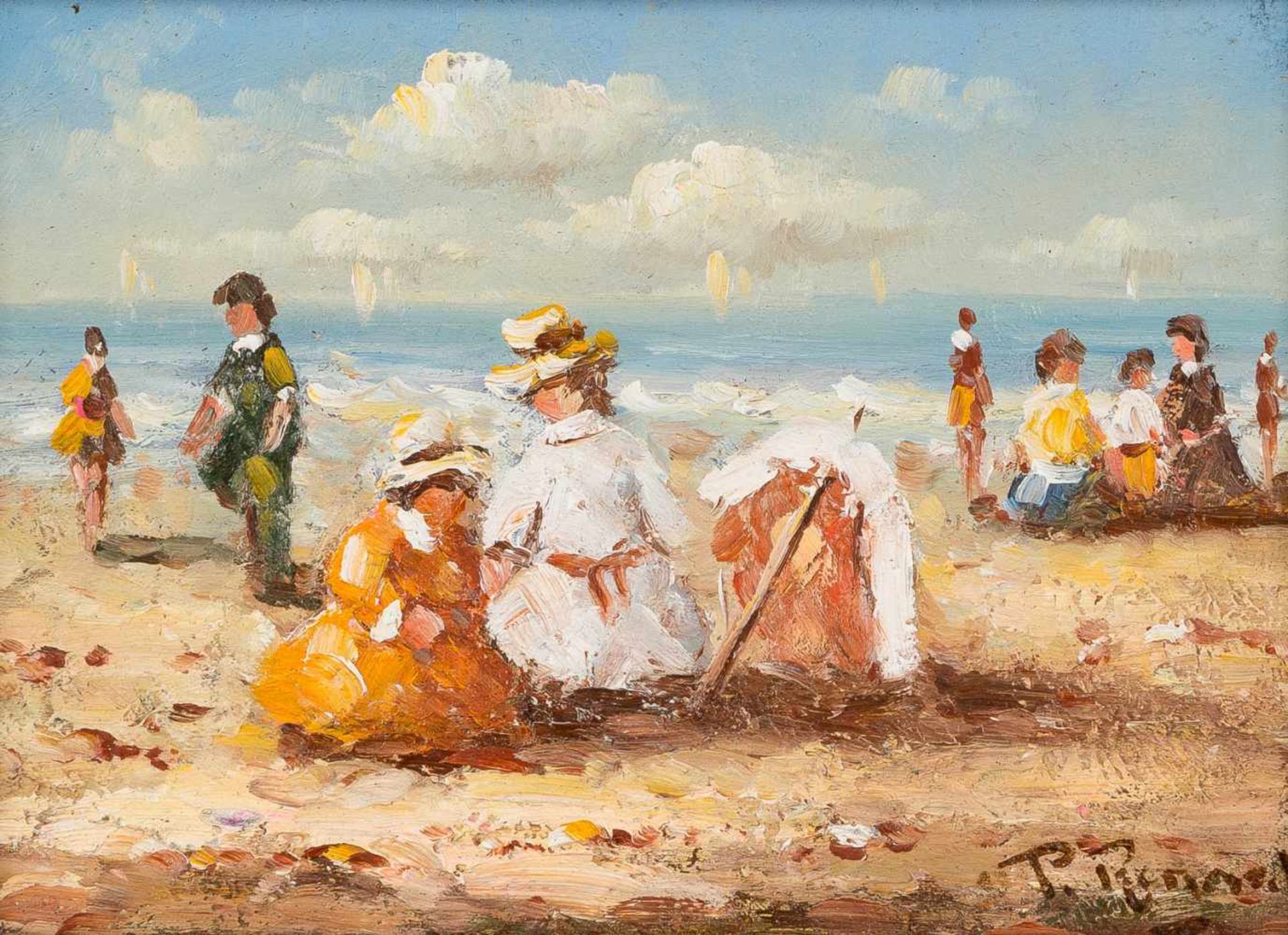 MODERNER MARINEMALERTätig im 20. Jh.DER STRANDAUSFLUG Öl auf Platte. 12,5 x 17,5 cm (R. 30 x 35 cm).