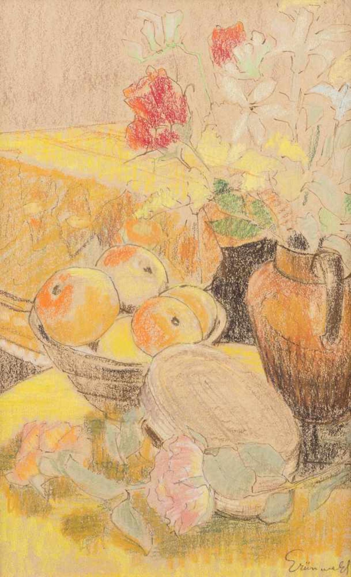 ISAAC GRÜNEWALD1889 Stockholm - 1946 OsloSTILLLEBEN MIT BLUMEN UND OBST Farbstift und Farbkreiden