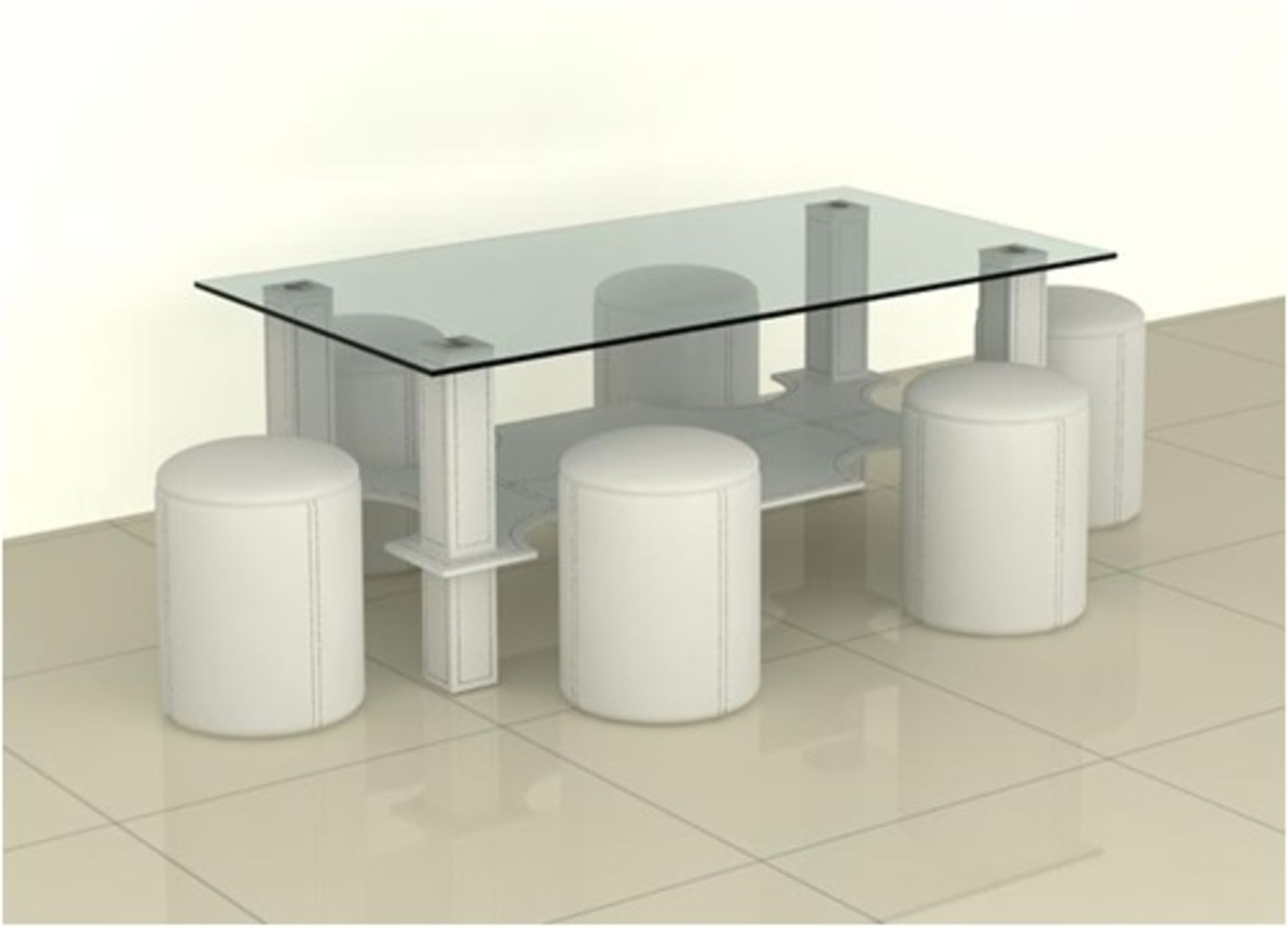 Contemporary Glass Coffee Table With White PU Base and Six Matching Stools - Ref CTB423/WHT (Brand