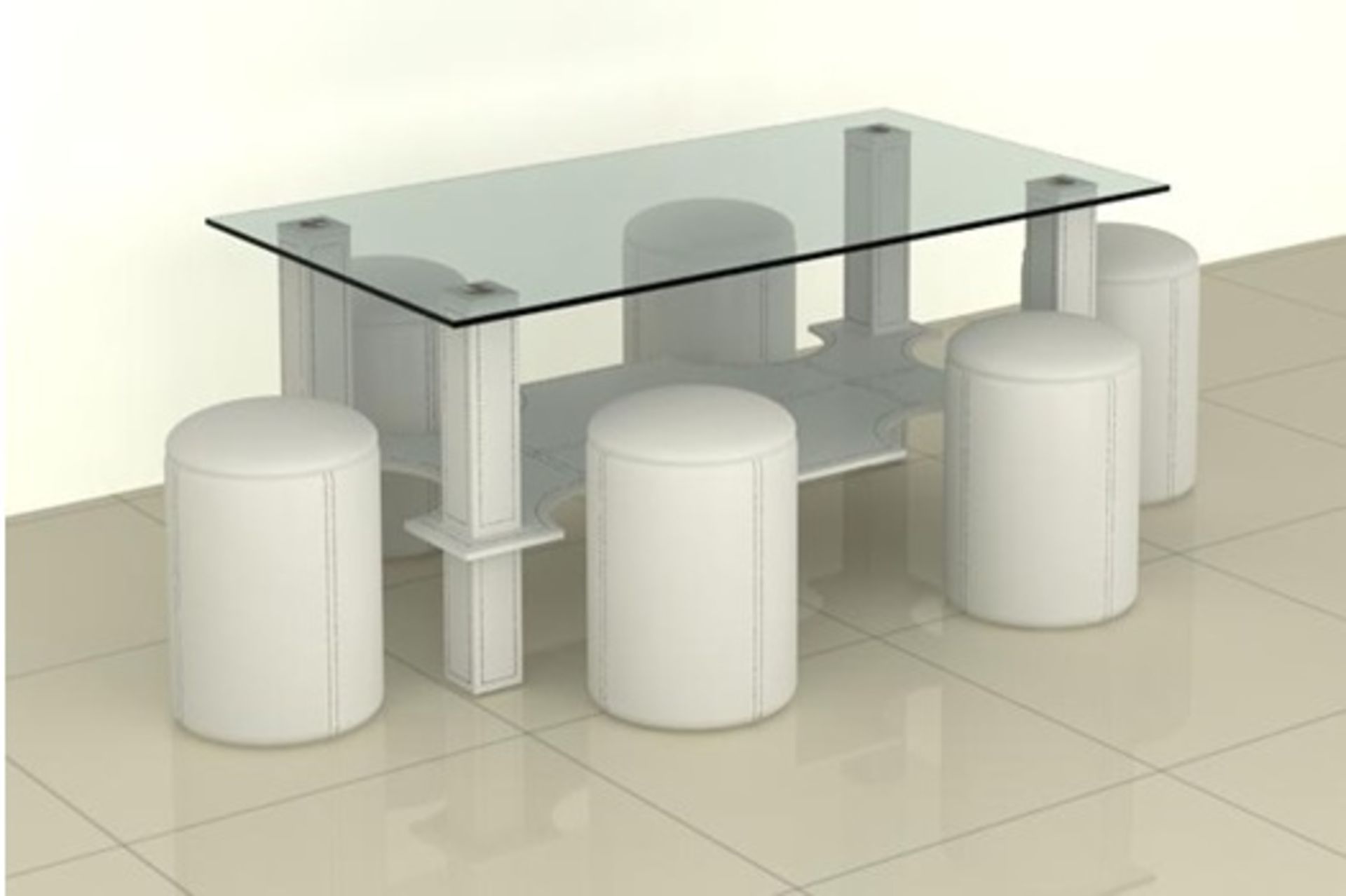 1 x Contemporary Glass Coffee Table with White PU Base and Six Matching Stools - Brand New & Boxed