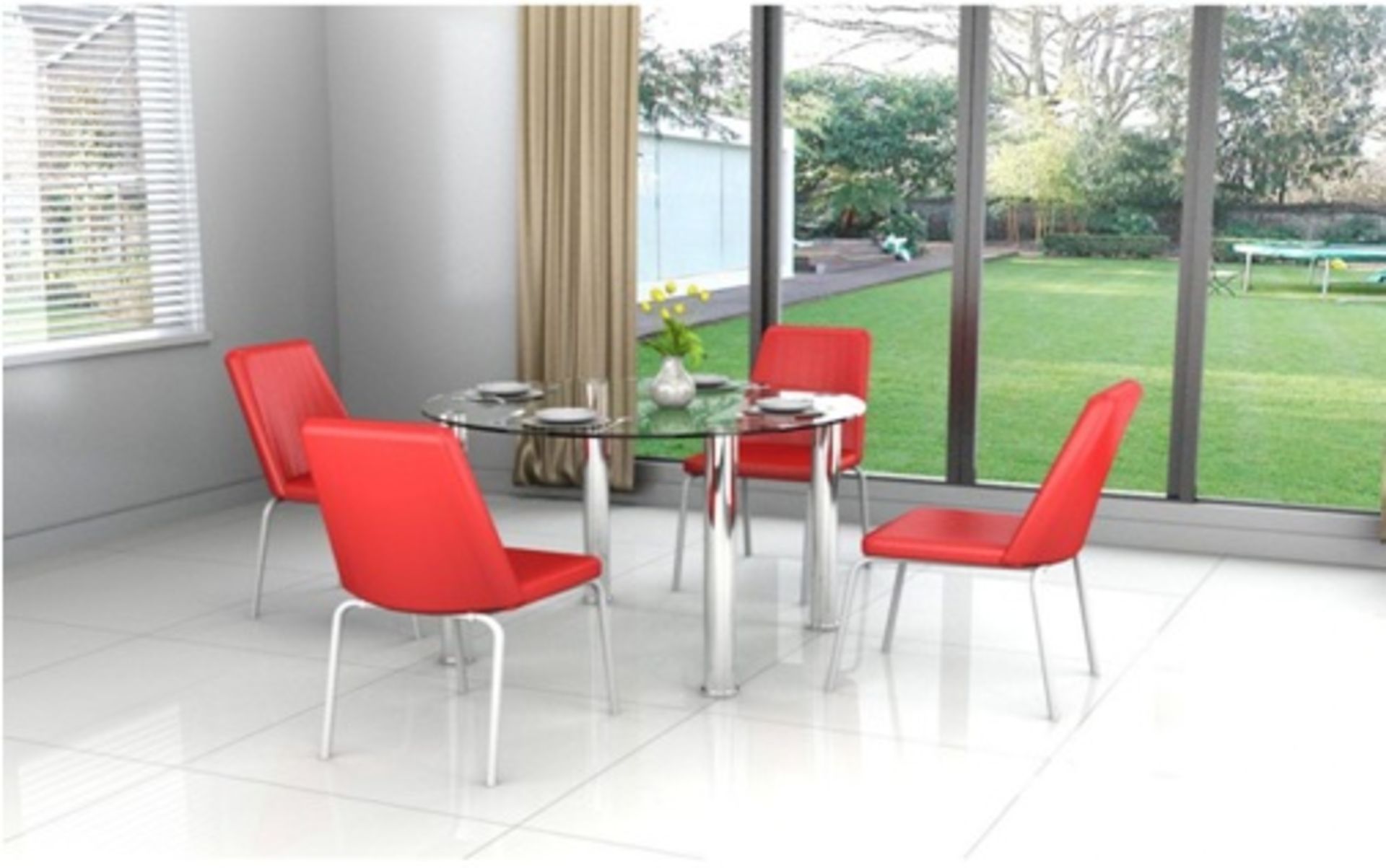 1 x Tempered Glass Dining Table With 4 Faux Leather Chairs in Black/White/Red - Brand New & Boxed
