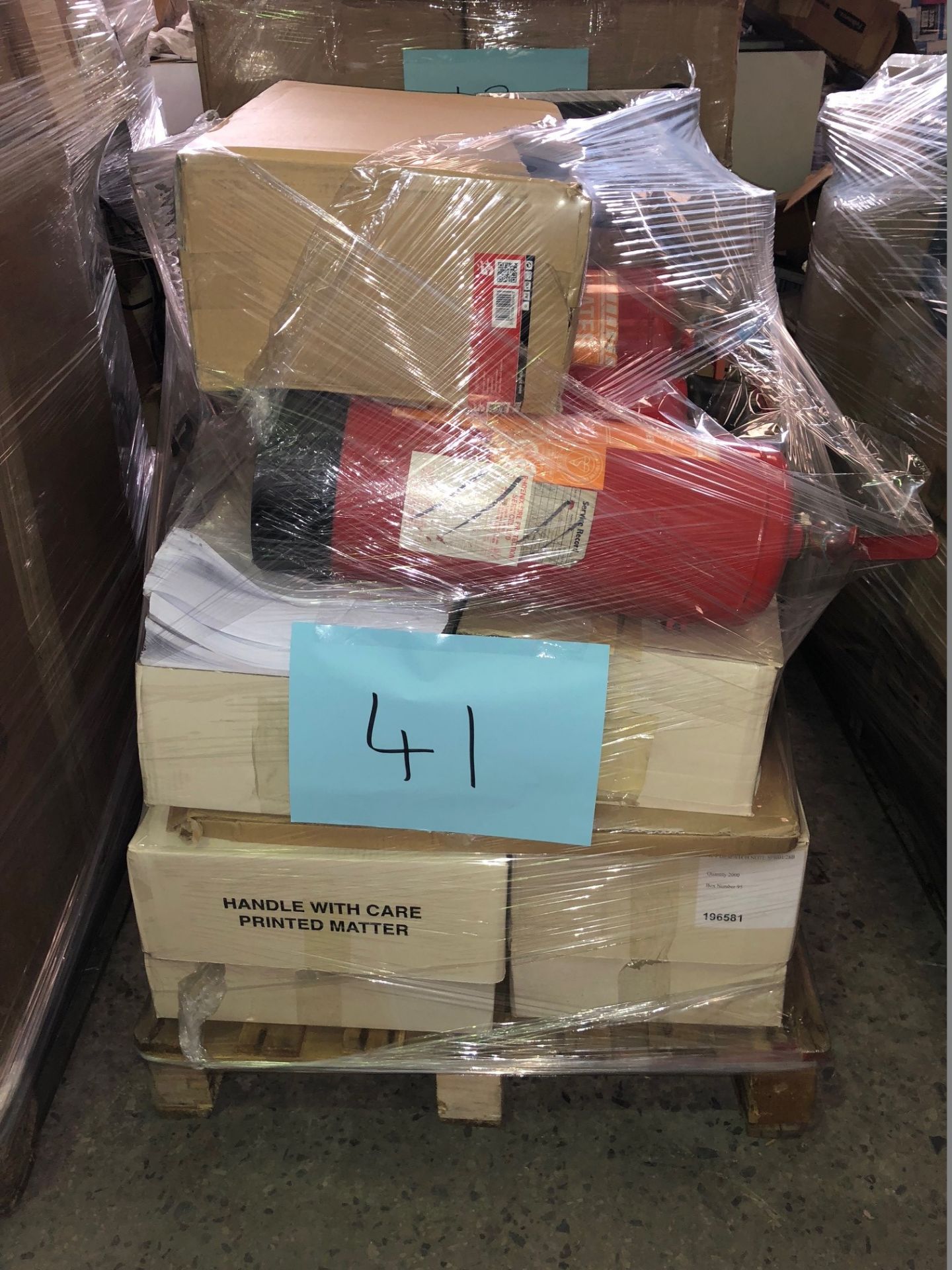 1 x Pallet of Mixed Stock/Stationery Including Paper, Lever Arch Files, Fire Extinguishers, Small