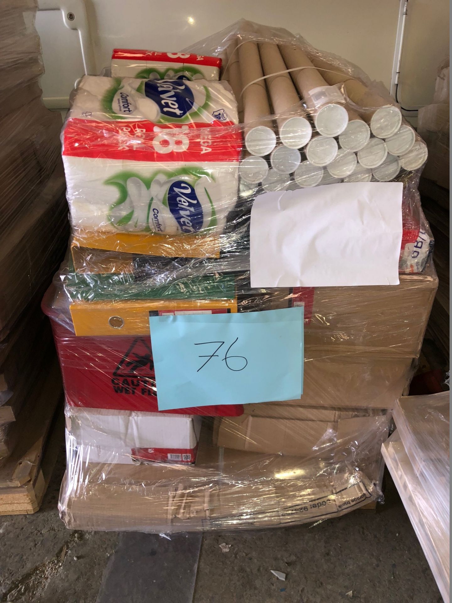 1 x Pallet of Mixed Stock/Stationery Including Lever Arch Files, Toilet Roll, Postal Tubes,