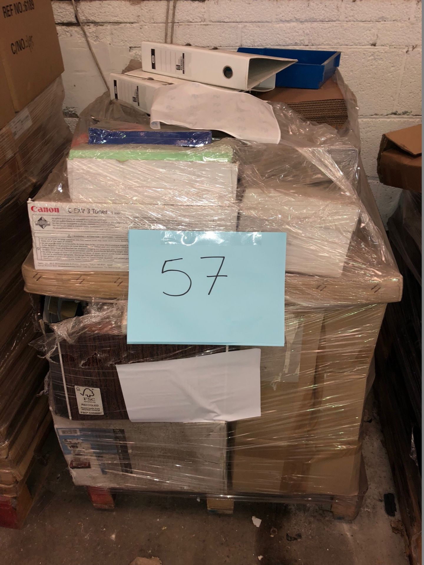 1 x Pallet of Mixed Stock/Stationery Including Canon Toner Cartridges, Hygiene Kits, Paper, Fan