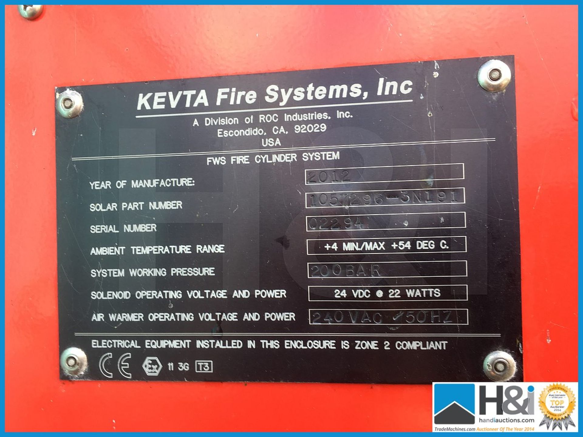 KEVTA Fire Systems Inc., single fine water spray fire cabinet. 240v. YOM 2012. Features integral air - Image 12 of 14